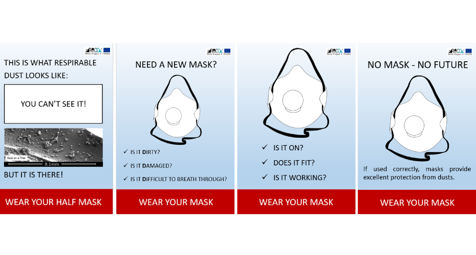 Workplace posters created during the ROCD project to encourage workers to wear their dust masks. The posters have been translated into Polish and Slovenian and made available to mining companies.